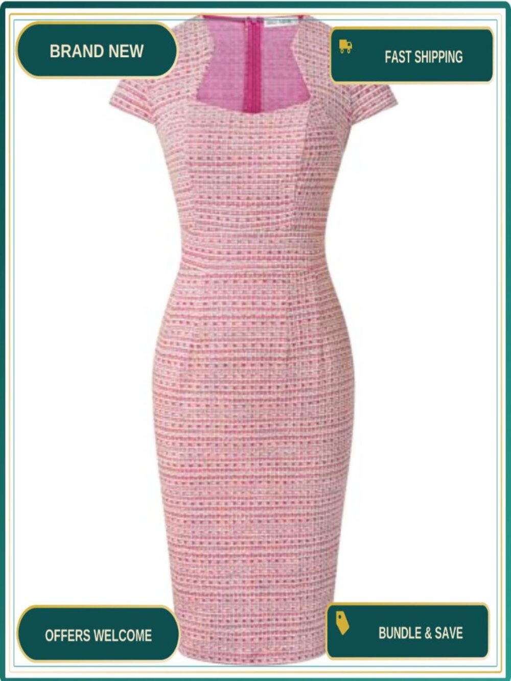 Women's Tweed Pencil Dress, Bodycon Midi Button Dress, Office Work Dress
